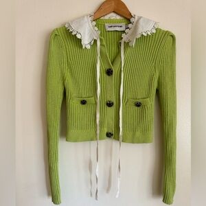 Self-Portrait Green Knit Cardigan with Lace Collar Size US 4